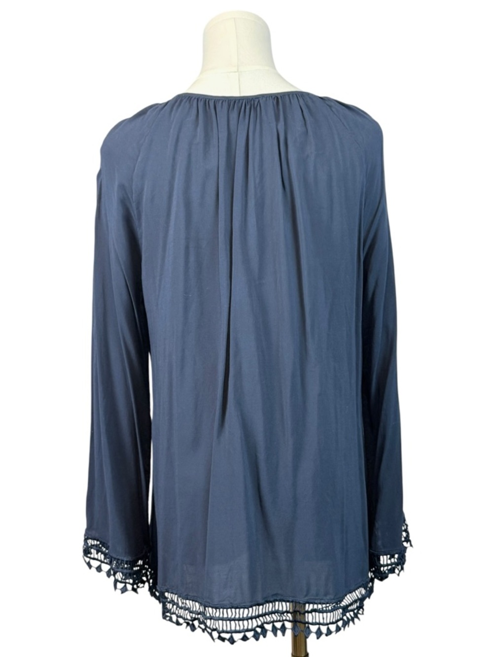 Tart Navy Blue Boho Peasant Blouse Crochet Trim Long Sleeve‎ Top Small - Picture 4 of 6